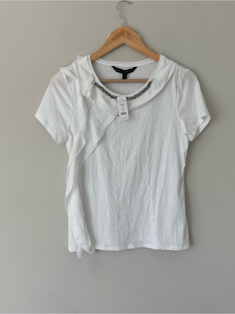 White House Black Market White Short Sleeve Top with Beaded Neck - Picture 2 of 6